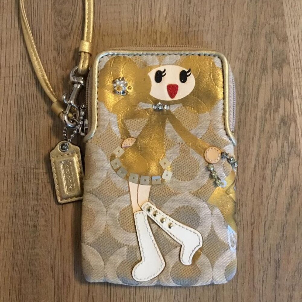 Coach Gold and Beige Doll Appliqué Wristlet Phone Case